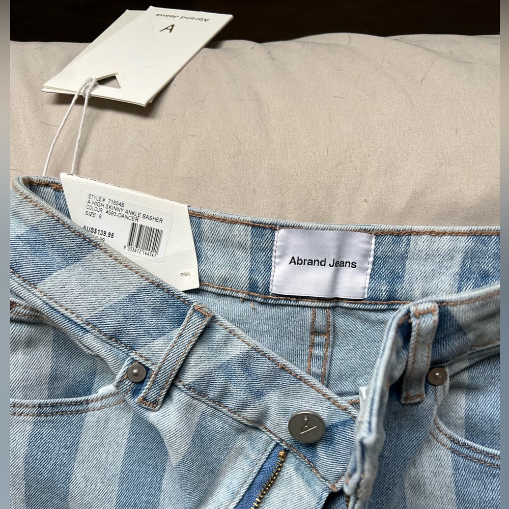 ABrand High Rise Skinny Jeans w/ Stripes + Knee Rips